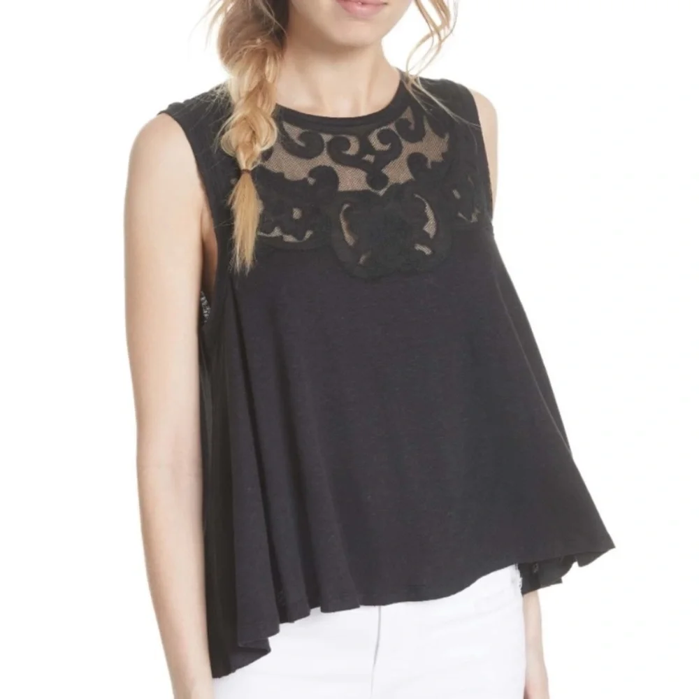 NWT Free People black mesh & embroidery on the chest swing top Size XS